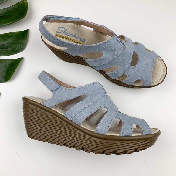 Skechers Parallel Stylin Wedge Sandals Blue Suede Slingback Comfort Women's 6.5 - Picture 1 of 11